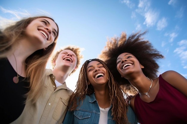 Un groupe de personnes rit et regarde le ciel Journée internationale de l'amitié