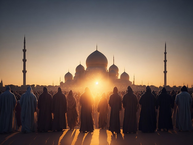 Un groupe de personnes en robe noire se tient devant une mosquée