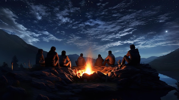 Un groupe de personnes s'assoient autour d'un feu de camp la nuit.