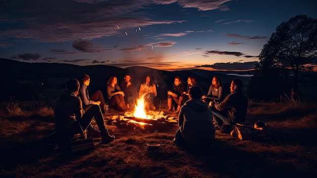 Un groupe de personnes s'assoient autour d'un feu de camp et s'assoient autour d'un feu de camp.