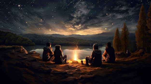 un groupe de personnes s'assoit autour d'un feu de camp et regarde le lac.