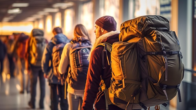 Un groupe de personnes avec des sacs à dos marchant dans un couloir image ai générative