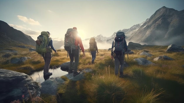 Un groupe de personnes avec des sacs à dos traverse un champ avec des montagnes en arrière-plan.