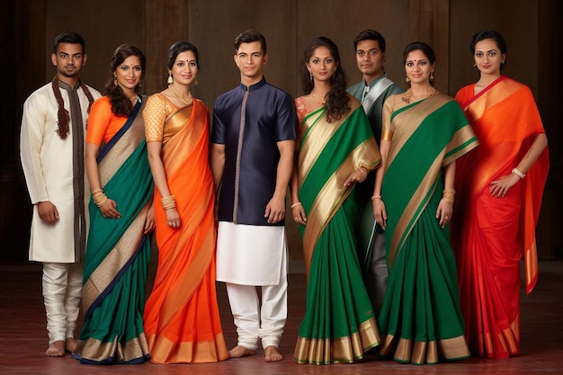 un groupe de personnes en saris avec les bras croisés.