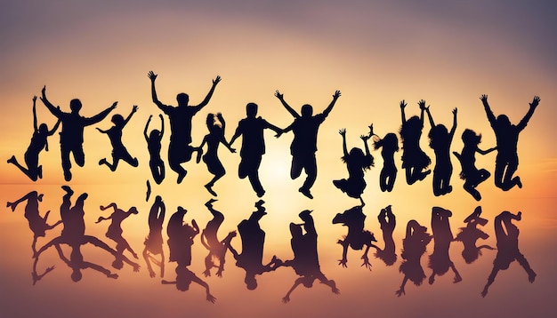 un groupe de personnes sautant en l'air avec le soleil derrière elles