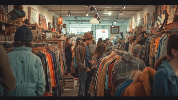 Un groupe de personnes se promène dans un magasin de vêtements.