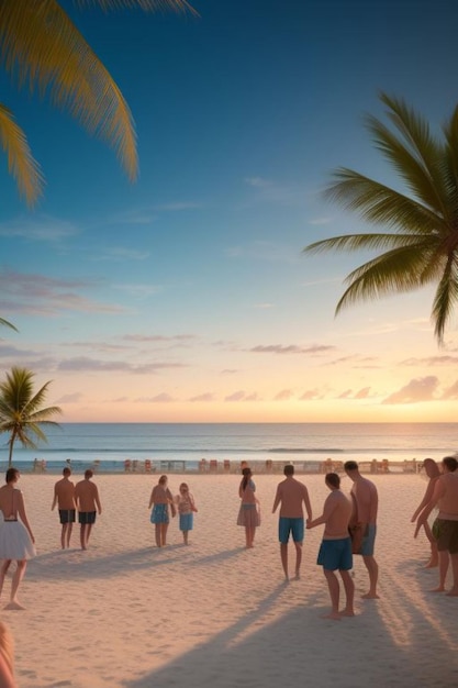 Photo un groupe de personnes se promènent sur la plage et l'océan est visible en arrière-plan