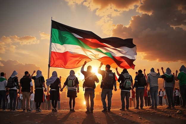 Groupe de personnes se tenant ensemble et levant leurs poings et leurs drapeaux en solidarité avec la Palestine