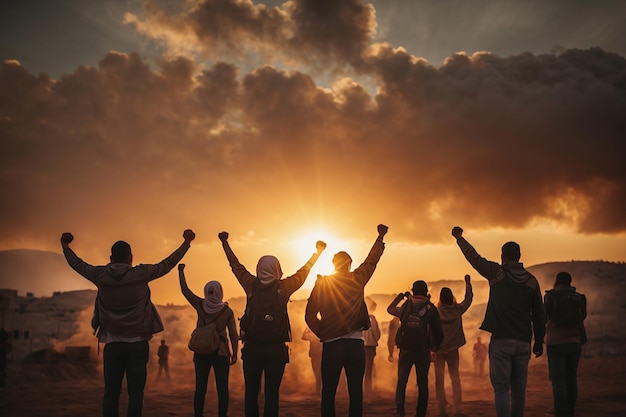 Groupe de personnes se tenant ensemble et levant les poings en signe de solidarité