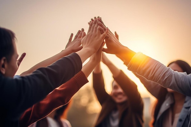 Groupe de personnes se tenant la main avec le soleil derrière eux