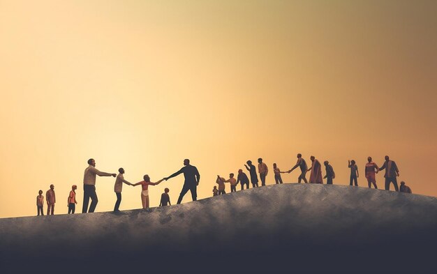 Un groupe de personnes se tenant par la main au sommet d'une colline