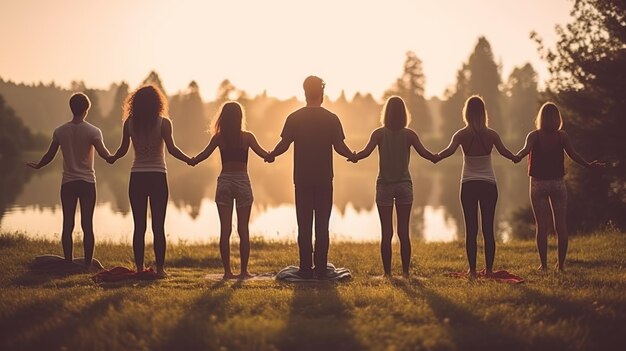 Un groupe de personnes se tenant par la main se tiennent devant un lac.