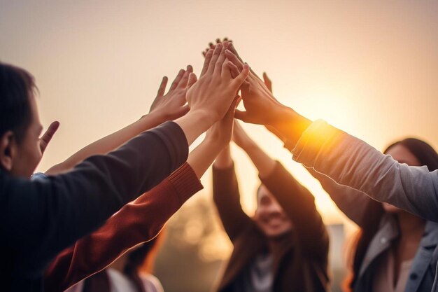 Un groupe de personnes se tenant par la main avec le soleil derrière elles