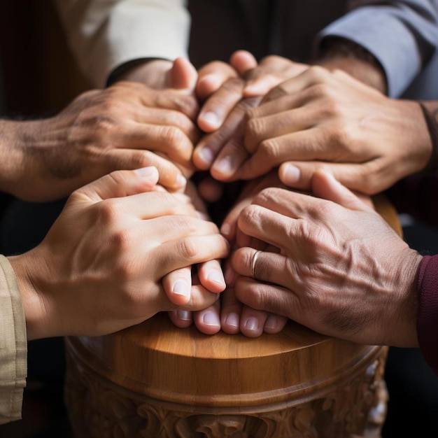 un groupe de personnes se tenant par la main sur une table.