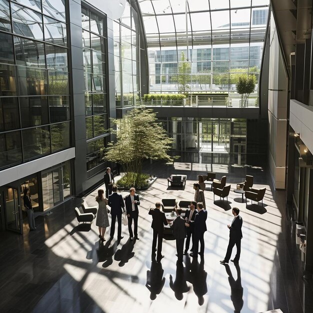 Photo un groupe de personnes se tiennent dans un hall d'un bâtiment avec une grande fenêtre en verre