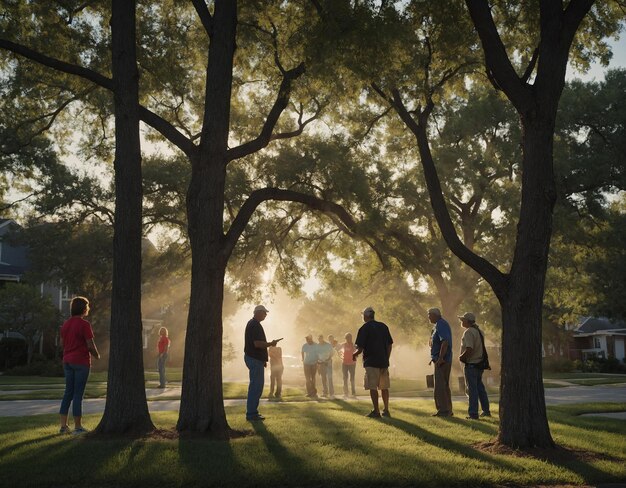 un groupe de personnes se tiennent sous un arbre avec le soleil qui brille à travers eux