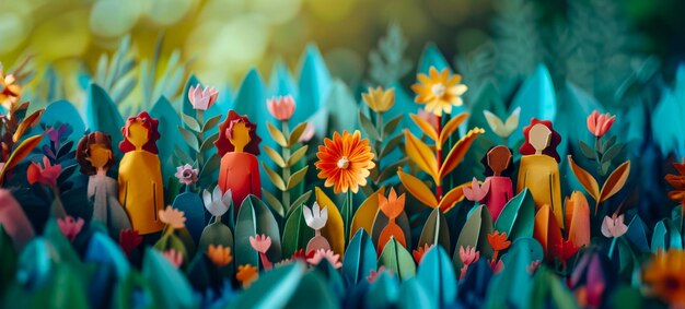 Photo un groupe de personnes se tient dans un champ de fleurs.