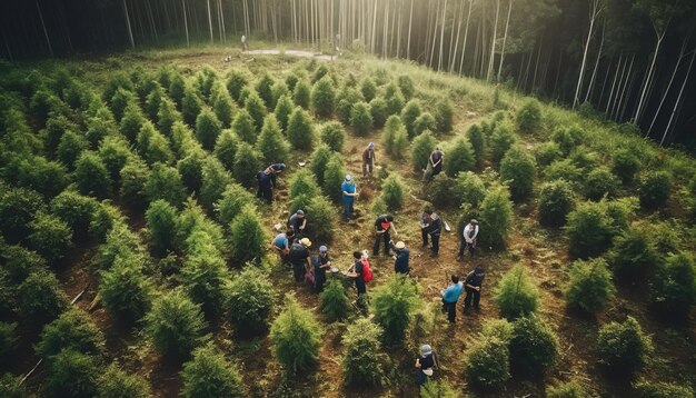 Photo un groupe de personnes se tient dans une forêt d'arbres