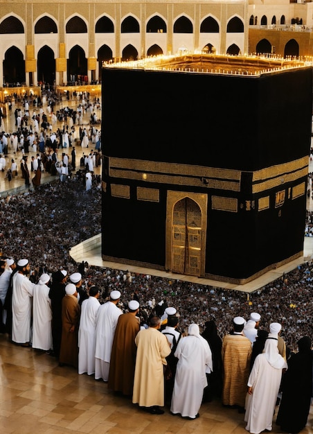 Photo un groupe de personnes se tient dans une grande mosquée avec le nombre de personnes au milieu