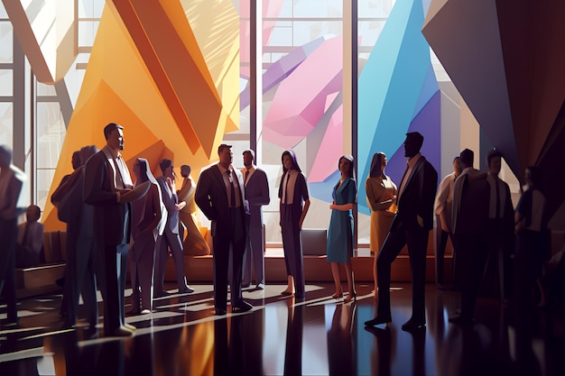 Un groupe de personnes se tient dans une pièce avec un art mural géométrique coloré.