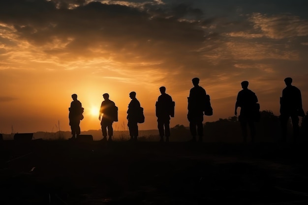 Un groupe de personnes se tient en ligne, le soleil se couchant derrière eux.