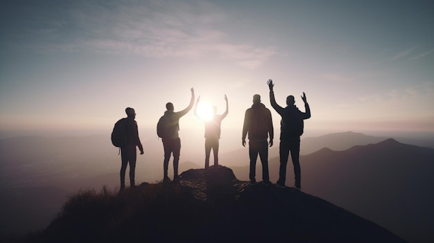 Un groupe de personnes se tient sur une montagne avec le soleil qui brille derrière eux.