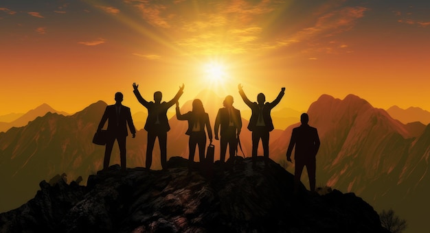Un groupe de personnes se tient sur une montagne avec le soleil se couchant derrière eux.