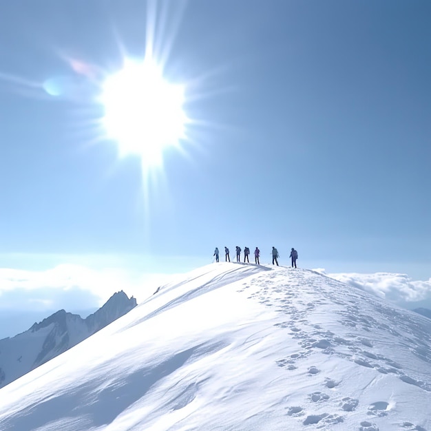 Un groupe de personnes se trouve au sommet d'une montagne enneigée.