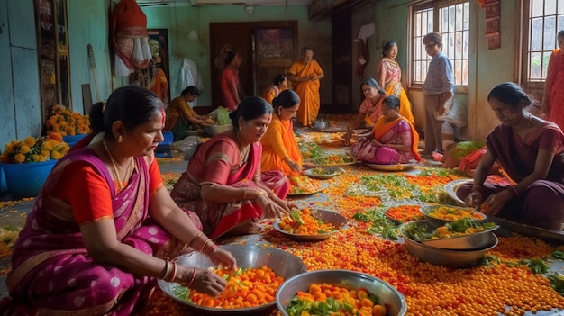 Un groupe de personnes sert de la nourriture dans un temple.