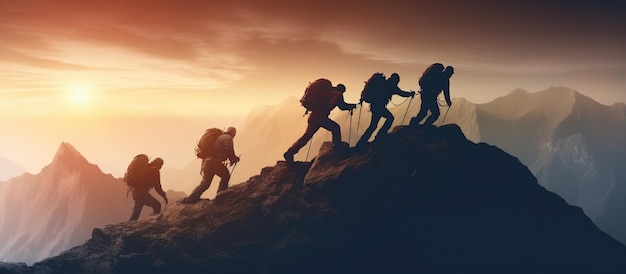 Un groupe de personnes sur un sommet d'escalade qui aident le travail d'équipe