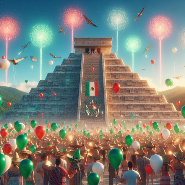 un groupe de personnes sont rassemblées autour d'une pyramide avec des ballons et des drapeaux