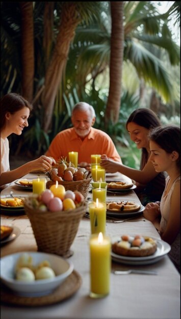 Photo un groupe de personnes sont rassemblées autour d'une table avec des œufs et des œuvres