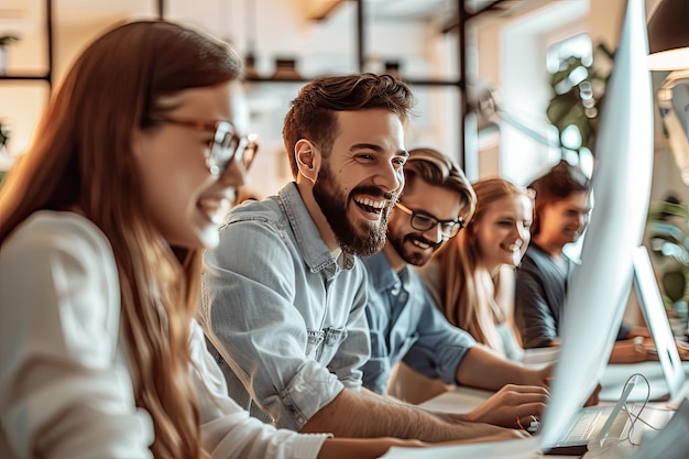 Un groupe de personnes souriantes et s'amusant sur un ordinateur portable à la table