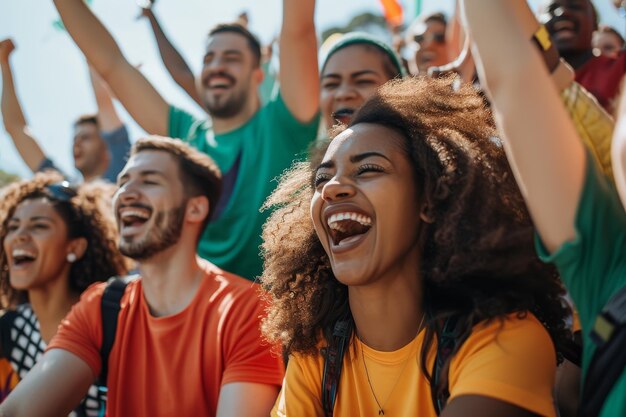 Photo un groupe de personnes sourient et rient en regardant un match sportif.