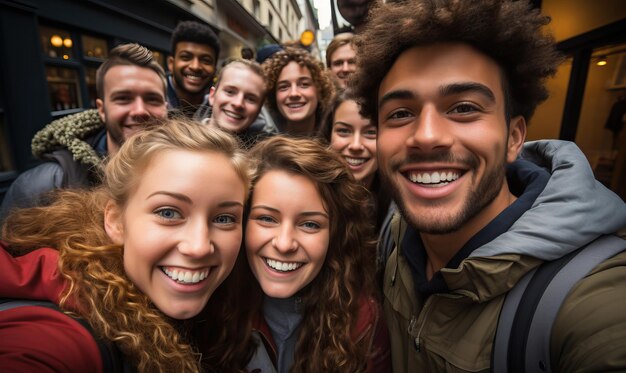 un groupe de personnes avec un sourire et un homme avec un appareil photo