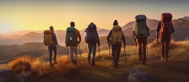 Photo un groupe de personnes sportives marchant dans les montagnes au coucher du soleil avec des sacs à dos