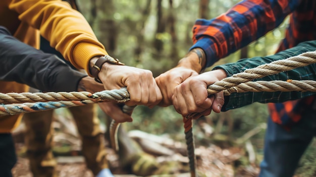 Un groupe de personnes tenant une corde ensemble dans une forêt Ils portent tous des vêtements décontractés et semblent travailler ensemble sur une tâche
