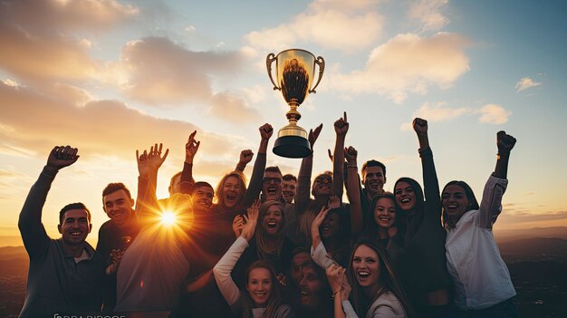 Photo un groupe de personnes tenant un trophée avec le soleil derrière elles