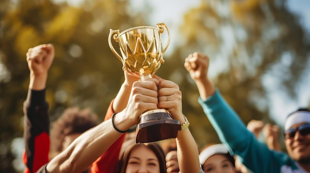 Un groupe de personnes tenant un trophée.