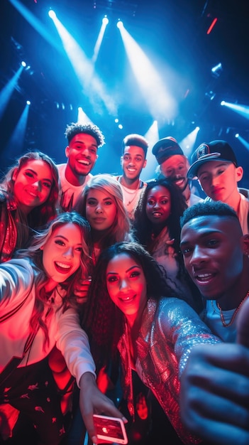 Un groupe de personnes en tenue à la mode posant pour un selfie avec le DJ en arrière-plan