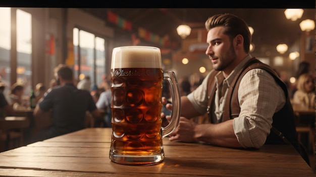 Un groupe de personnes en tenue traditionnelle allemande boit de la bière dans un bar lors de la célébration de l'Oktoberfest