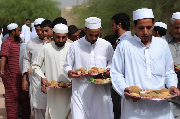 Un groupe de personnes tient des assiettes de nourriture et l'un d'eux tient une assiette de nourriture.