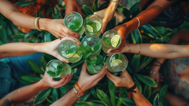 Photo un groupe de personnes tient des verres d'une boisson verte