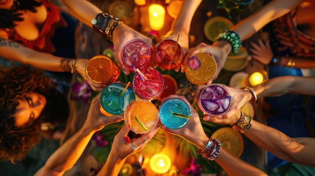 Photo un groupe de personnes tient des verres de boissons colorées, peut-être des margaritas.