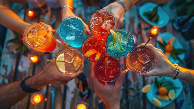 Photo un groupe de personnes tient des verres de boissons colorées, y compris du bleu