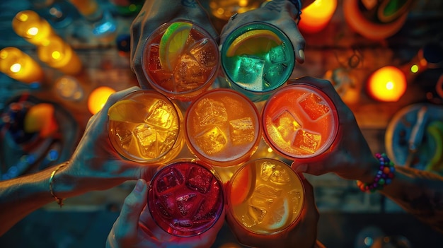 Photo un groupe de personnes tient des verres de boissons colorées