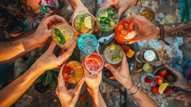 Un groupe de personnes tient des verres de boissons de différentes couleurs