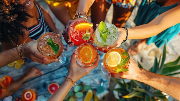 Photo un groupe de personnes tient des verres de divers cocktails