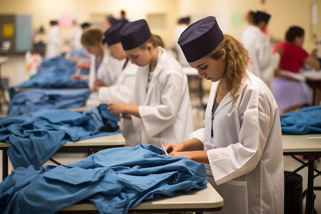 Un groupe de personnes travaillant dans une usine avec des chemises bleues et des chemises Bleues.