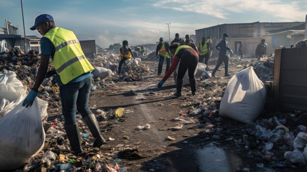 Groupe de personnes travaillant sur une décharge d'ordures